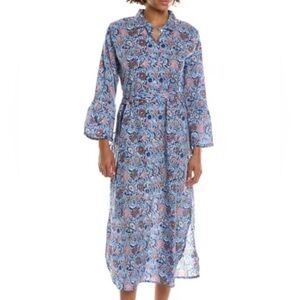 NWT Pomegranate Blue Floral Shifty Shirt Dress Cotton Maxi Belt Button Size XL